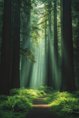 Fototapeta premium Sunlight filters through towering trees, illuminating tranquil f