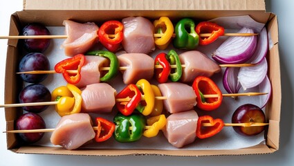 Raw chicken skewers with colorful bell peppers and red onion in a cardboard box next to fresh plums on a white background