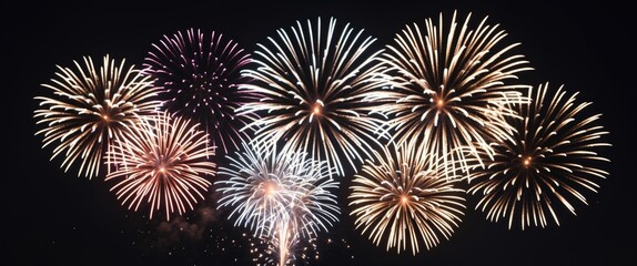 Fototapeta premium Colorful fireworks display in night sky with various shapes and patterns illuminating the dark background.