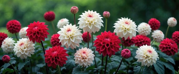 Vibrant garden with red and white dahlia flowers in full bloom surrounded by lush green foliage in a natural setting
