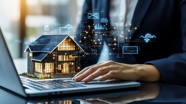 Elegant hands of a businesswoman operating a laptop, detailed house model next to it, symbolizing real estate and technology
