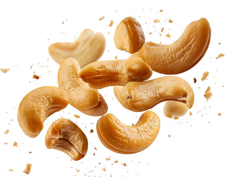 Flying cashew nuts isolated on transparent background