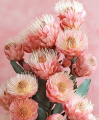 A decorative vase holds vibrant pink flowers, elegantly displayed on a wooden table, creating a charming focal point in the room.