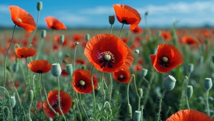 Fototapeta premium Field of vibrant red poppy flowers blooming under a clear blue sky with green foliage and budding flowers in the foreground