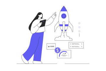 Startup business concept. Woman Character launching rocket, investing in new company, career beginning. Flat Cartoon Vector Illustration, icon. Stylish abstract Flat design for website