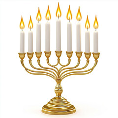 Golden menorah with white candles glowing brightly