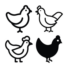 Four Cute Cartoon Chicken Icons in Black and White