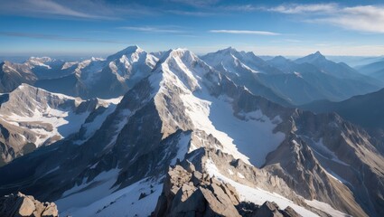 Aerial view of snow-capped mountain range under clear blue sky with distant peaks and ridges in natural daylight
