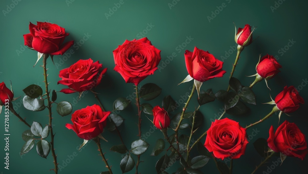 Canvas Prints Red roses arranged on a green background with varying stages of bloom and foliage showcasing natural beauty and elegance.