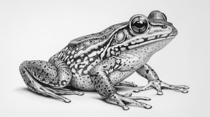 A striking black and white pencil sketch captures a vibrant frog, its large, expressive eye gazing outward as it tilts its head left while curving elegantly to the right