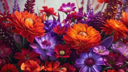 vibrant bouquet of assorted flowers including orange, purple, and red blooms with lush green foliage arrangement