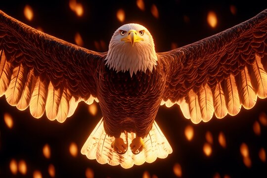 Independence Day history commemoration ceremony patriotism. A majestic eagle soars through the sky, its wings spread wide against a backdrop of glowing embers, symbolizing strength and freedom.