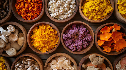 A colorful display of adaptogenic mushroom supplements, focus, energy, health & wellness trends. 