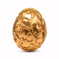 A gold egg with a gold design on it. The egg is sitting on a white background. The egg is very shiny and looks like it is made of gold