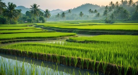 Obraz premium Lush green terraced rice fields with palm trees under soft morning light in a mountainous landscape