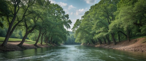 Fototapeta premium Lush green trees lining a calm river under a blue sky with fluffy clouds in a peaceful natural landscape setting