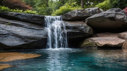 Obraz premium Waterfall cascading over rocks into a clear pool surrounded by lush greenery in a natural setting during daylight