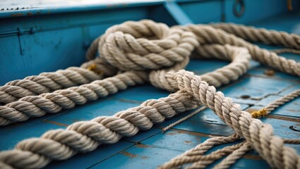 Fototapeta premium Close-up of thick nautical rope coiled on a weathered blue wooden boat deck with texture details and soft lighting