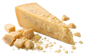 A wedge of parmesan cheese with crumbled pieces, isolated on white background png