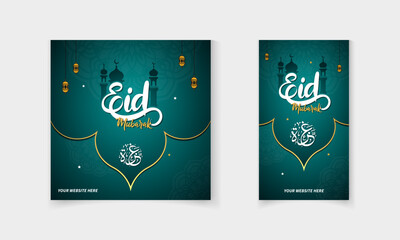 Eid Mubarak social media post template design with Islamic mandala, masjid, moon, lamp vector