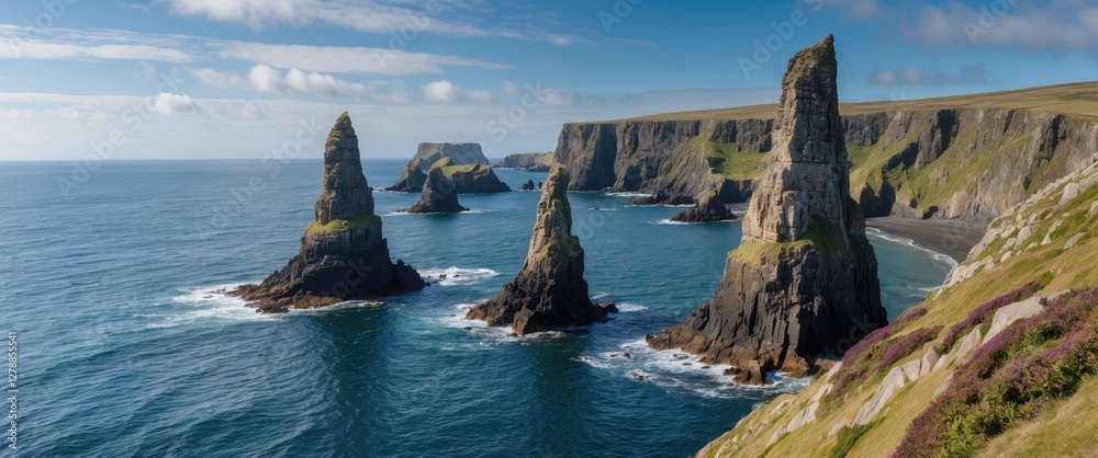 Wall mural Coastal landscape with towering rock formations and ocean waves under a clear blue sky in a scenic natural setting.