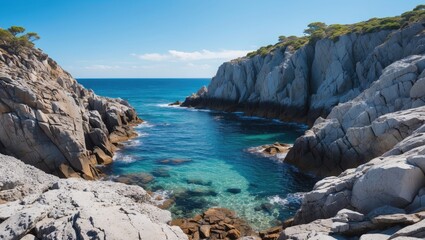 Rocky coastline with turquoise water and clear blue sky, featuring cliffs and calm sea, showcasing natural coastal environment.