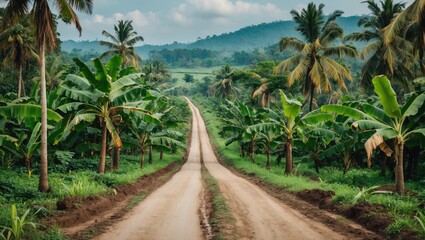 Obraz premium Dirt road stretching through lush banana plantation under cloudy sky with distant hills in the background