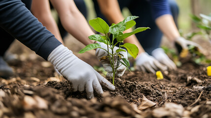 Group working together in a volunteer project, community involvement, social connection, wellness trends. 