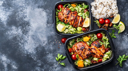 Healthy meal prep containers with balanced meals, healthy eating habits, convenient wellness trends. 