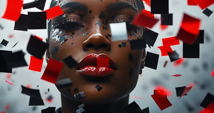 Abstract digital portrait of woman, red and black fragments, studio