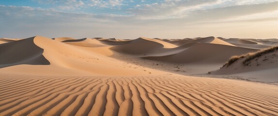 Sand dunes under blue sky with clouds and textured patterns, desert landscape at sunset, natural scenery and warm colors.