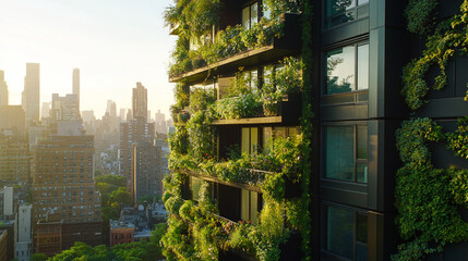 A modern building adorned with lush greenery and vibrant plants, overlooking a city skyline at sunrise, blending nature with urban architecture.