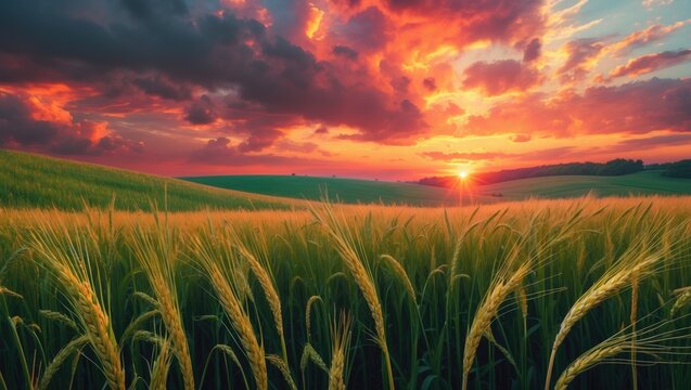 Sunset over golden wheat field with vibrant clouds and lush green hills in the background under dramatic sky colors