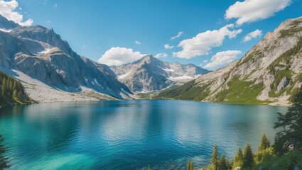 Mountain lake landscape with clear turquoise water surrounded by rocky mountains and lush greenery under blue sky with fluffy clouds