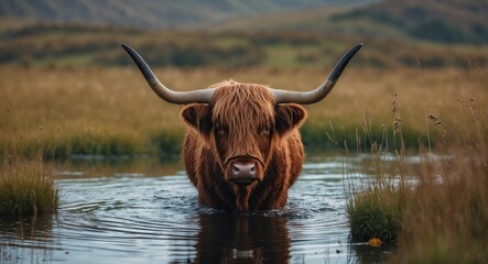 Highland cow standing in shallow water surrounded by tall grass in a natural landscape with rolling hills in the background.