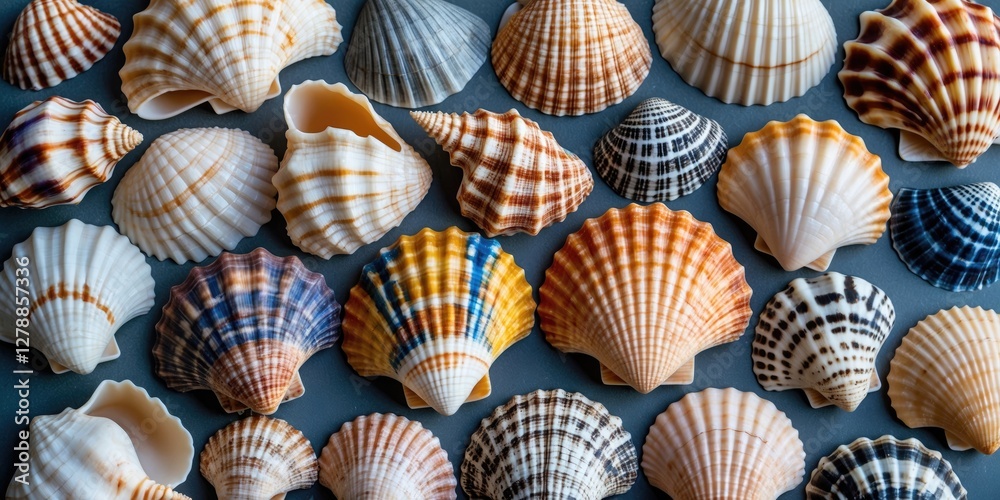 Poster multicolored seashells arranged on a surface showcasing varied textures and patterns in a natural ma