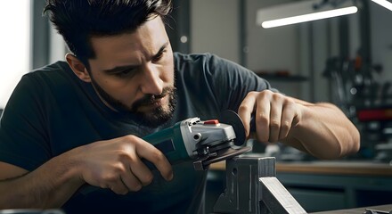 Skilled Craftsman Using Angle Grinder on Wood in Workshop.