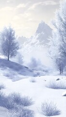 Snowy landscape shows mountains and frost covered vegetation