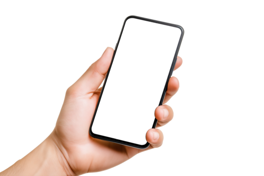 Hand holding a modern smartphone with a blank screen, isolated on a transparent background