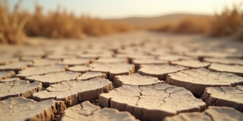 Fototapeta premium Arid Landscape Sun-baked earth displays a network of deep cracks, a testament to prolonged drought and the harsh realities of desertification, with blurred golden grasses in the background.