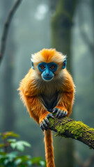 A stunning golden snub-nosed monkey sits perched on a moss-covered branch in a misty, ancient forest