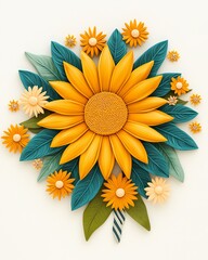 Independence Day history commemoration ceremony patriotism. A vibrant arrangement of sunflowers and daisies with lush green leaves, showcasing a cheerful and artistic floral design.