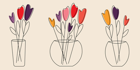 Minimalist Floral Art Featuring Colorful Tulips in Glass Vases