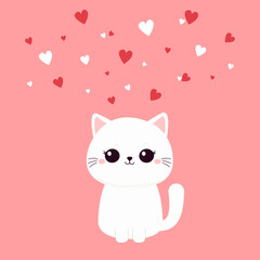 Cute sitting cat. Funny face head. White fluffy kitten. White red hearts. Happy Valentines Day. Cartoon funny kitty character. Kawaii animal in love. Greeting card. Flat design. Pink background Vector