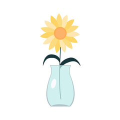 Flower in vase. Transparent glass vases with blue water. Yellow flowers collection. Sunflower. Cute colorful icon collection. Ceramic Pottery decoration. White background. Isolated. Flat design Vector