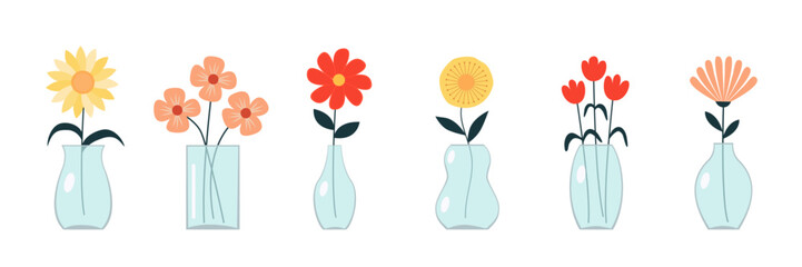 Flower vase set line. Transparent glass vases with blue water. Different flowers. Daisy, tulip, gerbera. Cute colorful icon collection. Ceramic Pottery decoration. White background. Flat design Vector
