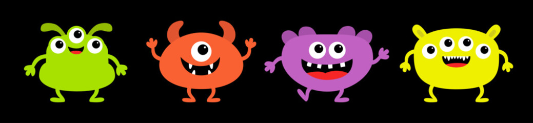 Monster set line. Different face. Happy Halloween. Colorful silhouette monsters. Cute kawaii cartoon funny boo character. Eyes, teeth, horns hands. Childish style. Flat design. Black background Vector