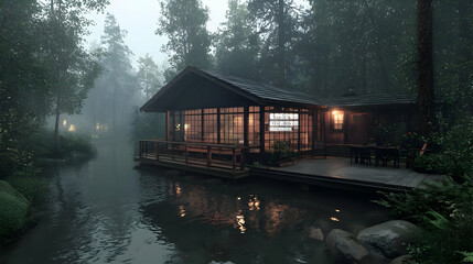 Fototapeta premium Serene lakeside cabin, misty forest, evening ambiance, peaceful retreat