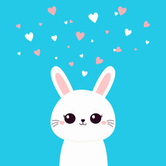 Cute Bunny. Rabbit hare face head silhouette. Funny kawaii doodle animal. Happy Easter. Valentines Day Card. Cartoon funny pet character. White Pink hearts. Flat design. Blue background. Vector