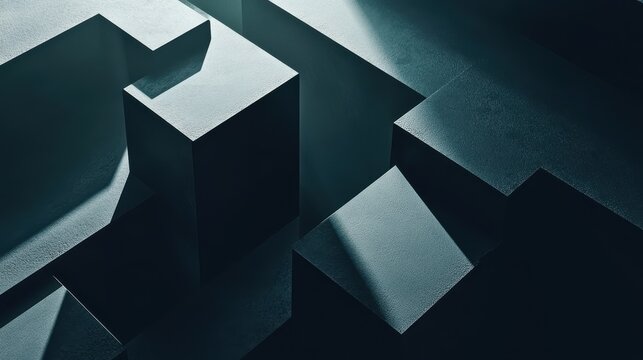 An abstract 3D render featuring geometric blocks on a dark background.